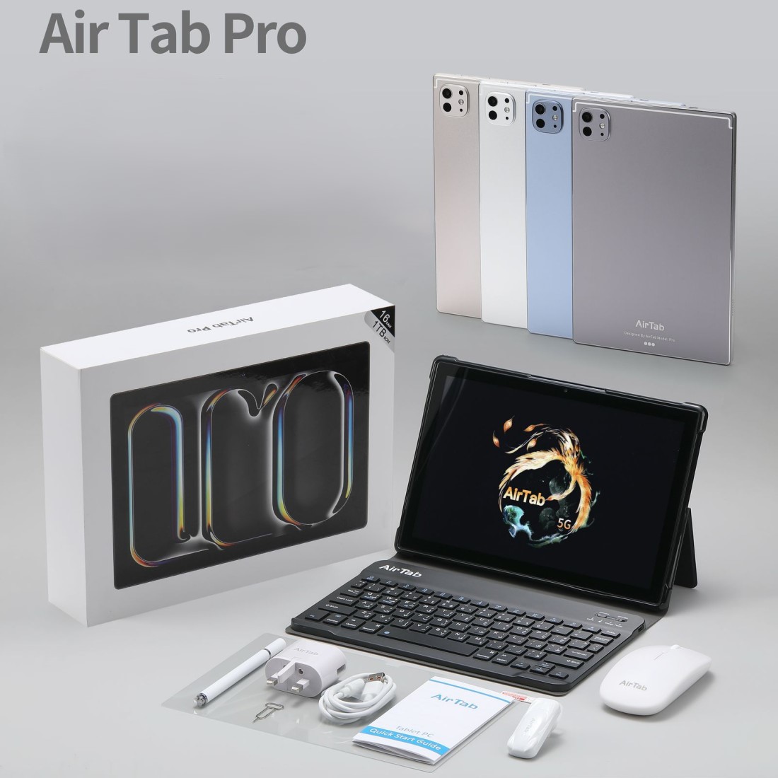 AirTab Pro, New 5G Tablet, Android 15.0 OS, 10.1" FHD Incell, 10000mAh, 16GB RAM+1TB ROM, Keyboard & Wireless Mouse - Gray