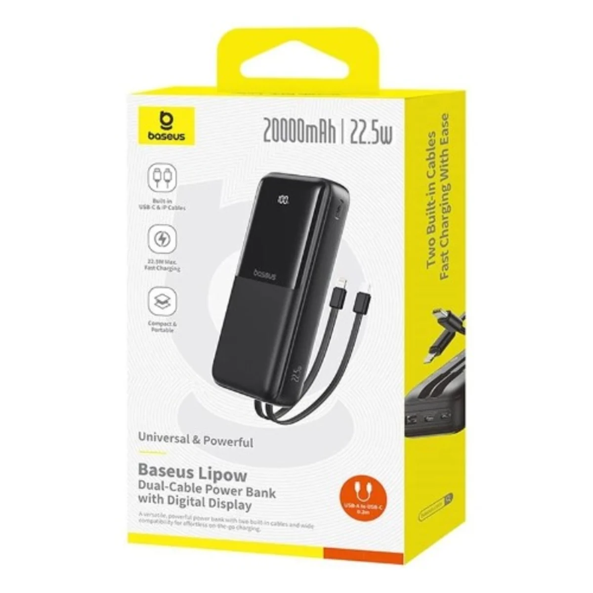 Baseus Lipow 20000mAH 22.5W Dual-Cable Power Bank With Digital Display