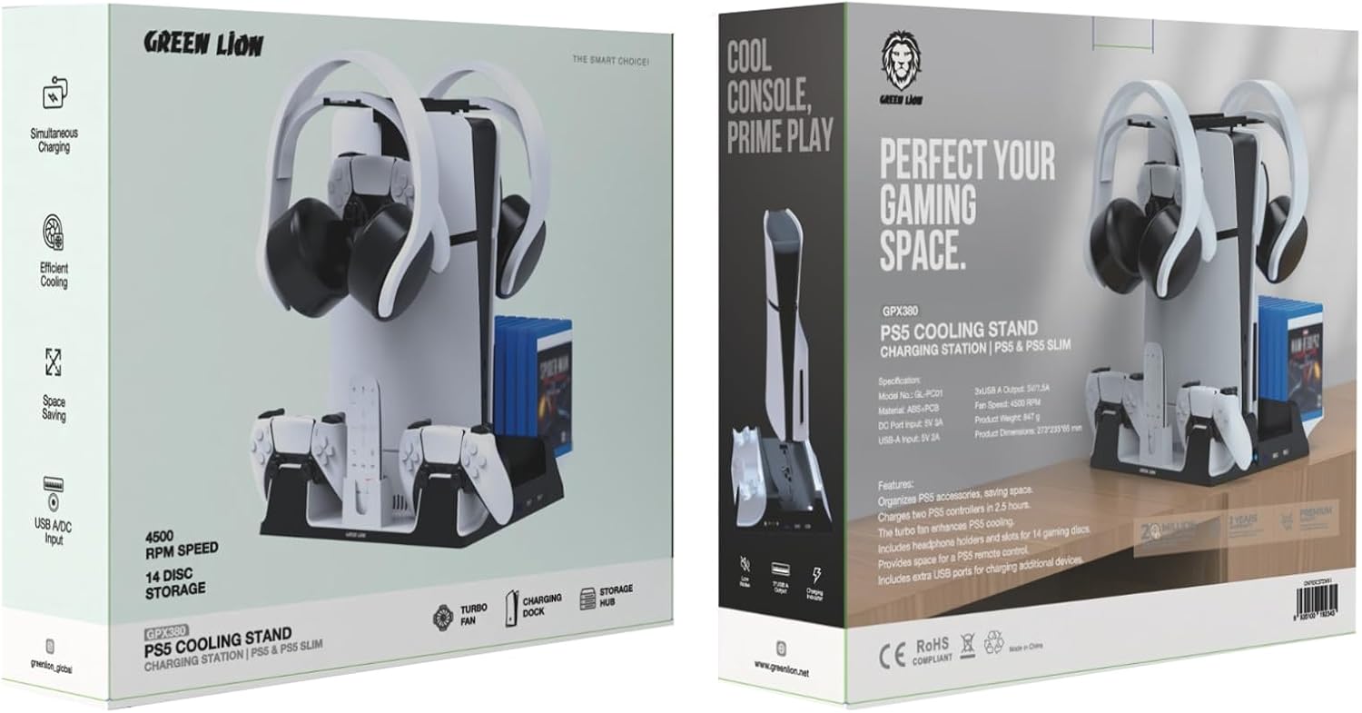 GREEN LION PS5 Slim Cooling Stand Charging Station, 14 Disk Storage, 4500 RPM Speed, Low Noise