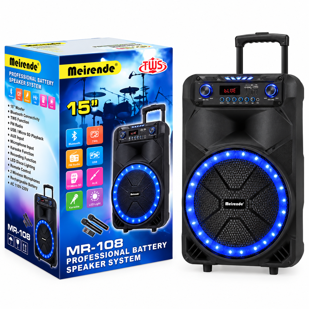 Meirende MR-108 TWS 15" Portable Karaoke Speaker