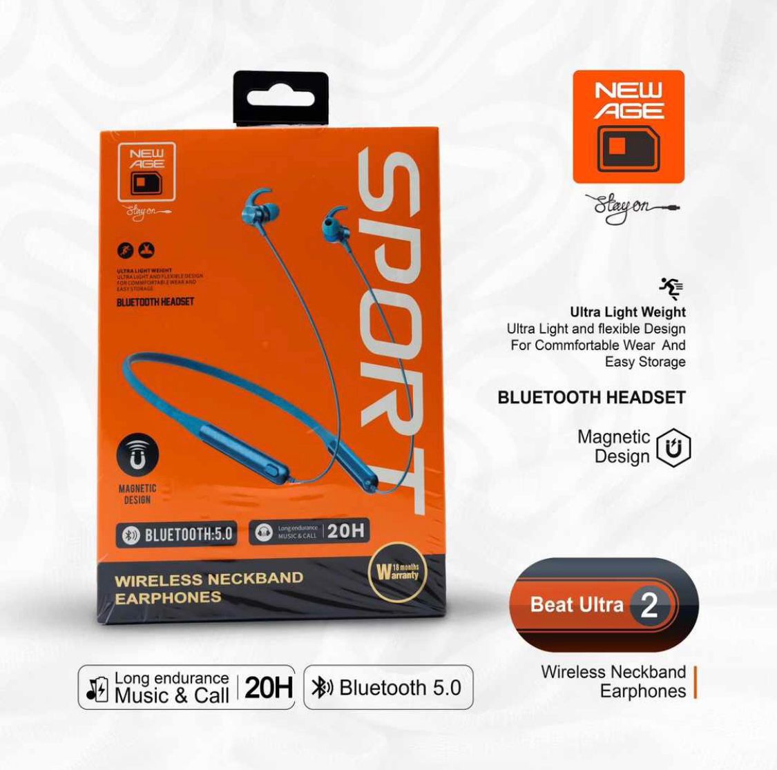 NEW AGE 20 Hours Sport Wireless Necklace Band Earphone With Bluetooth 5.0