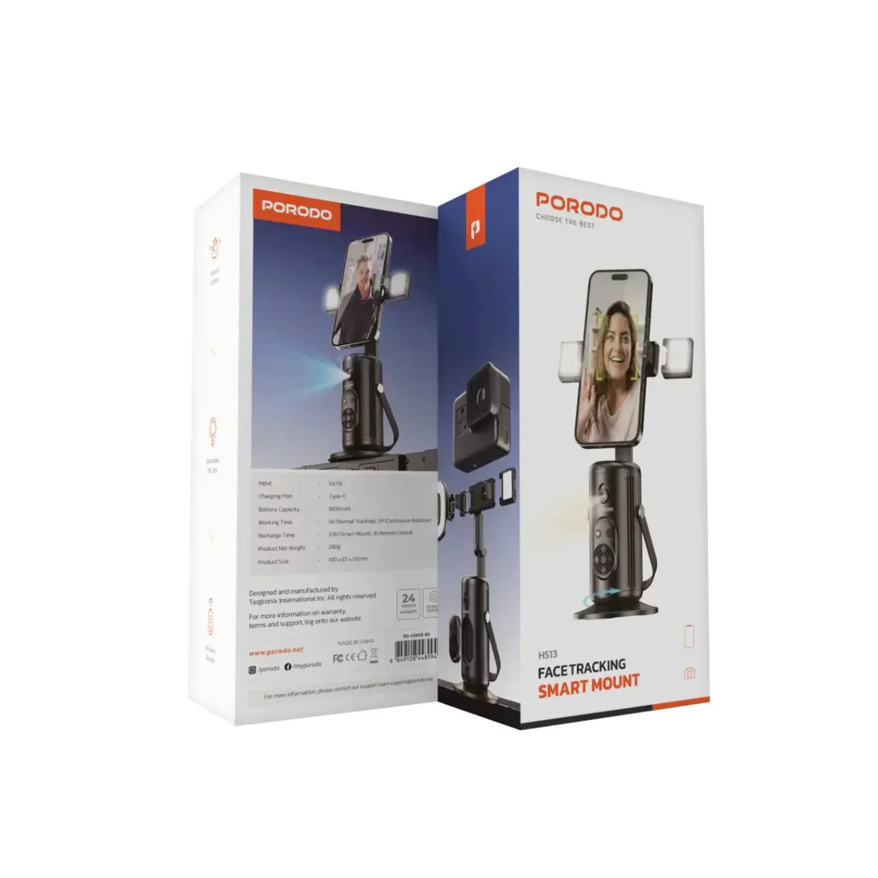 PORODO Face Tracking Smart Mount, Gesture Control, Lightweight Design - Black