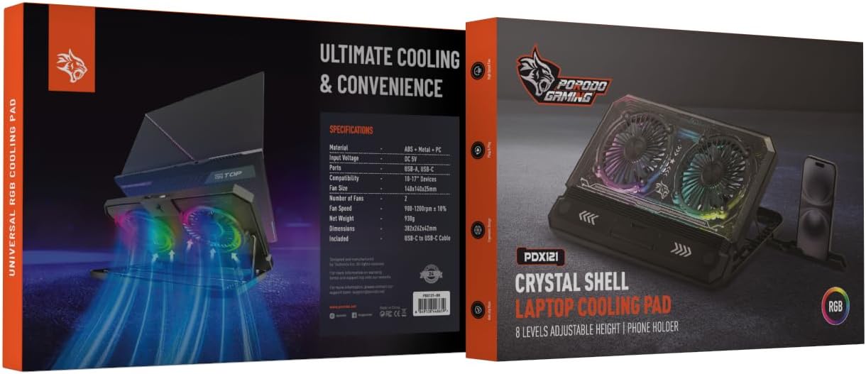 PORODO PDX121 Gaming Crystal Shell Laptop Cooling Pad With 8 Levels Adjustable Height & Phone Holder
